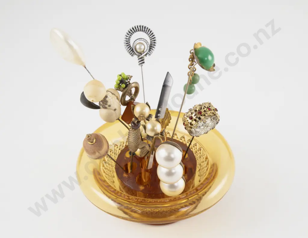 Collection of 1920's Hat Pins in Glass Vase Image 1++