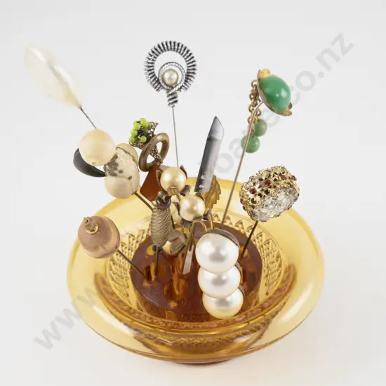 Collection of 1920's Hat Pins in Glass Vase