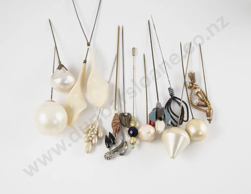 Collection of 1920's Hat Pins with Three China Holders Image 1++