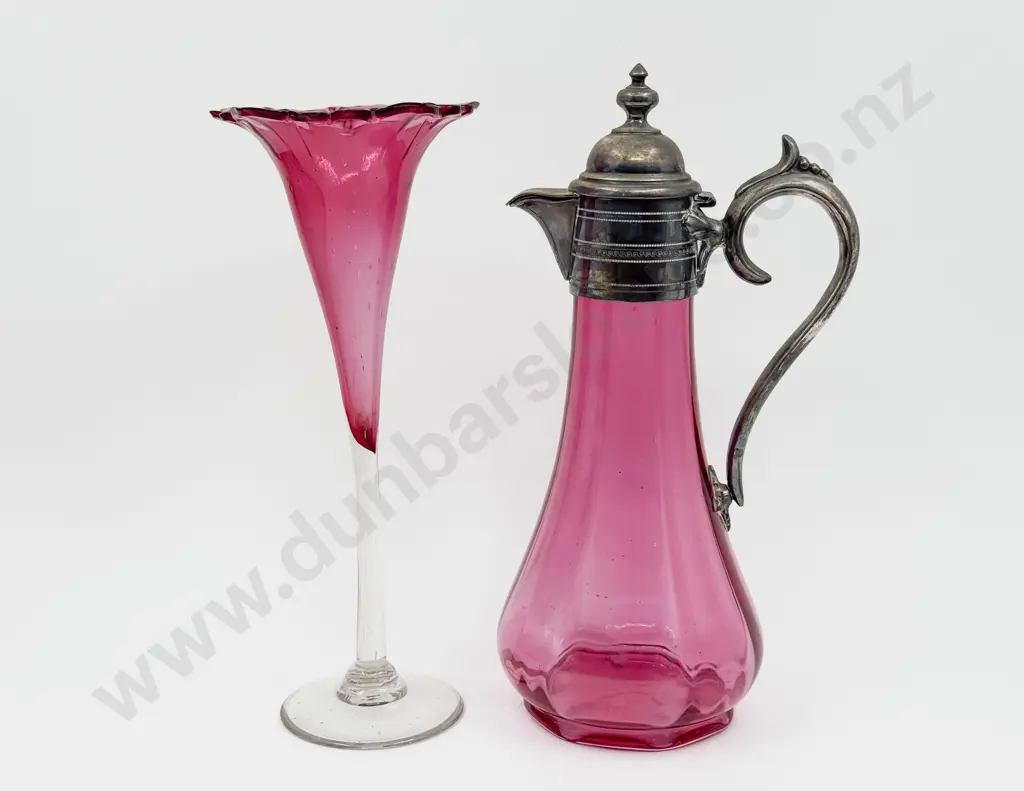 Cranberry Glass Claret Jug & Trumpet Vase Image 1++