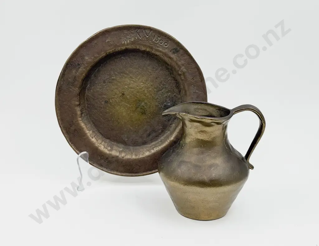 Antique Heavy Brass Jug & Plate Image 1++