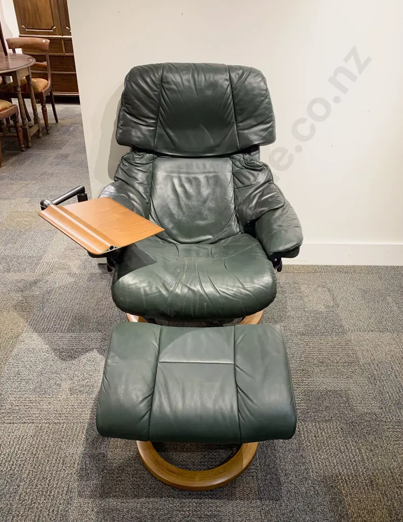 Green Leather Stressless Armchair & Matching Footstool together with Side Table Accessory Image 1++