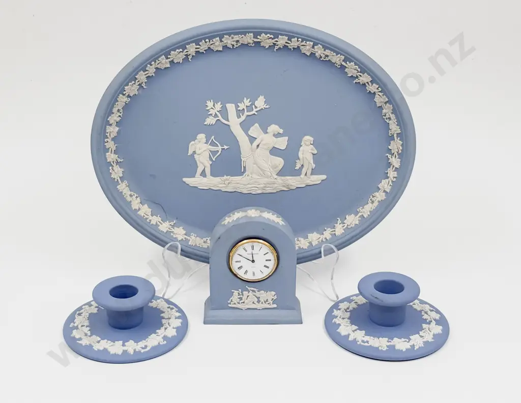 Wedgwood Oval Dish with Pair of Candleholders & Small Clock Image 1++