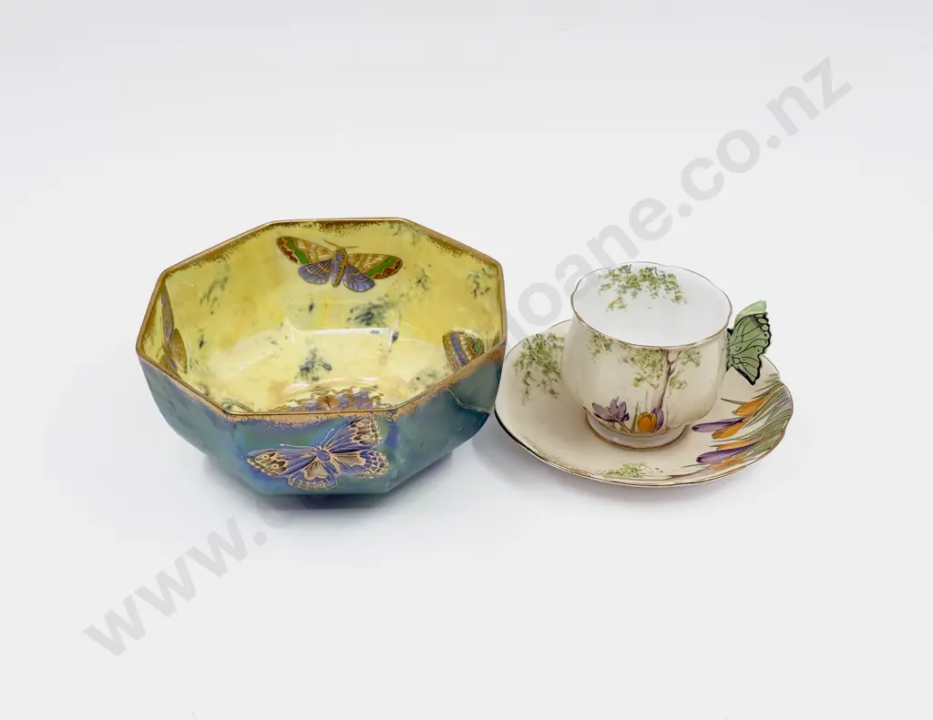 Aynsley Octagonal Butterfly Bowl together with Aynsley "Crocus" Butterfly Handle Cup & Saucer Image 1++