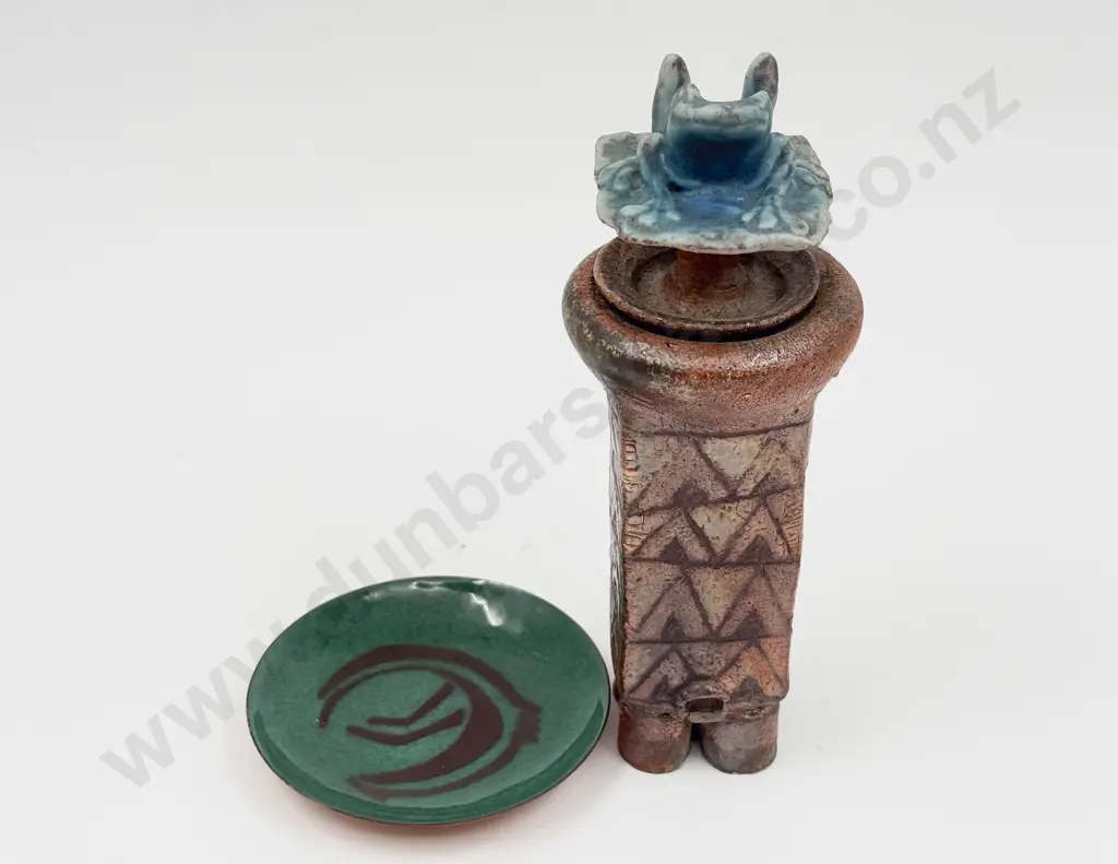 Signed "Huia" Small Lidded Pottery Vase together with Enamel Dish Image 1++