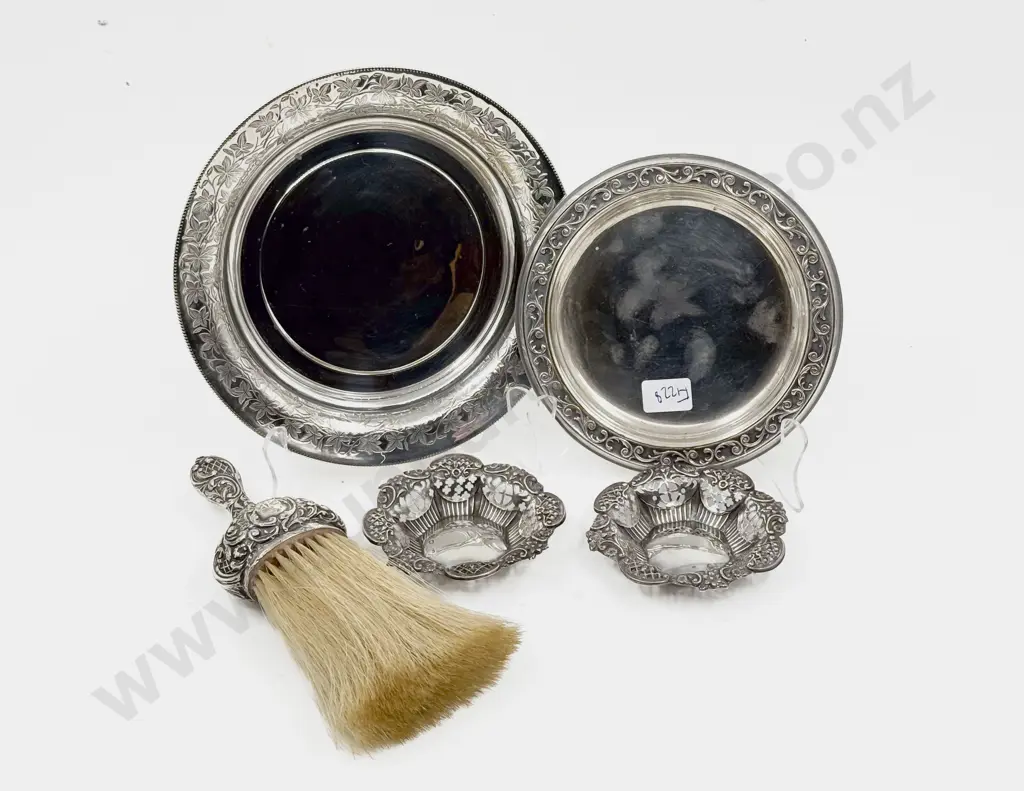 Pair of S/S Bon Bon Dishes with S/S Handled Brush and Two S/P Dishes Image 1++