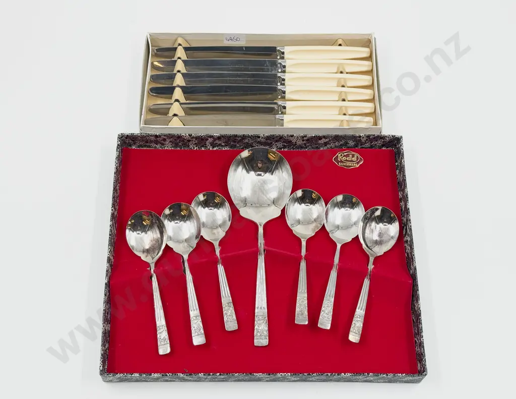 Boxed Set of S/P Spoons together with Boxed Knife Set Image 1++
