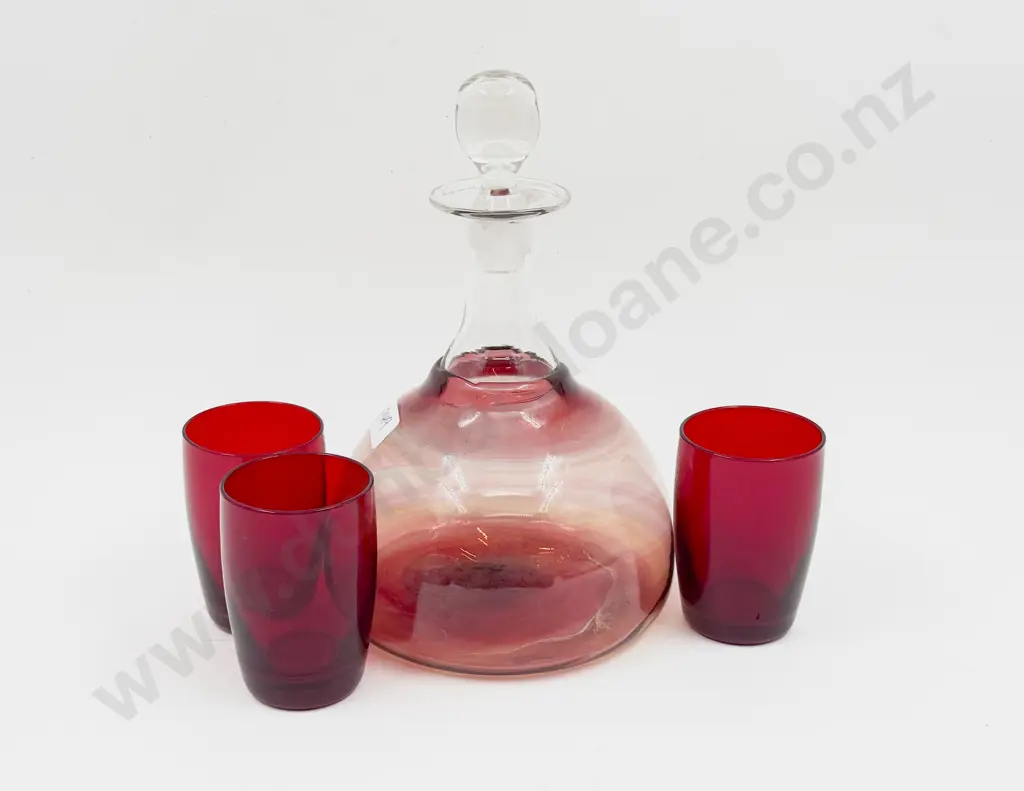 Art Glass Decanter Signed AWK (Tony Kuepfer) & Three Ruby Glass Tumblers Image 1++