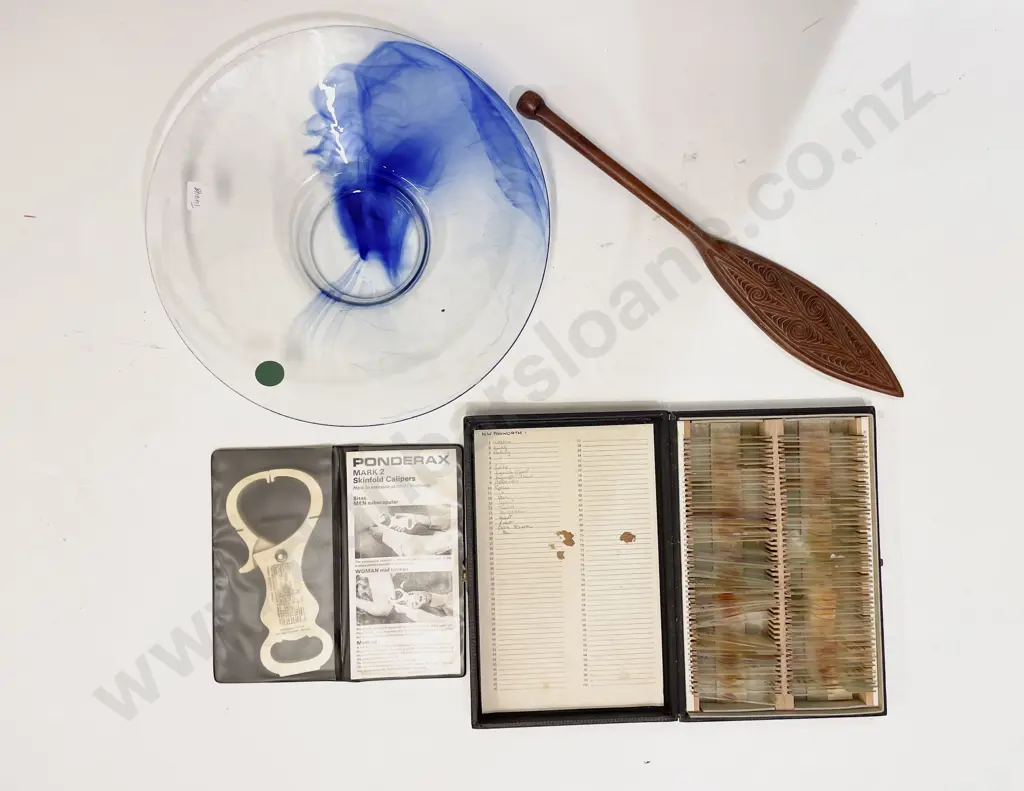 Art Glass Charger together with Vintage Glass Slides etc Image 1++