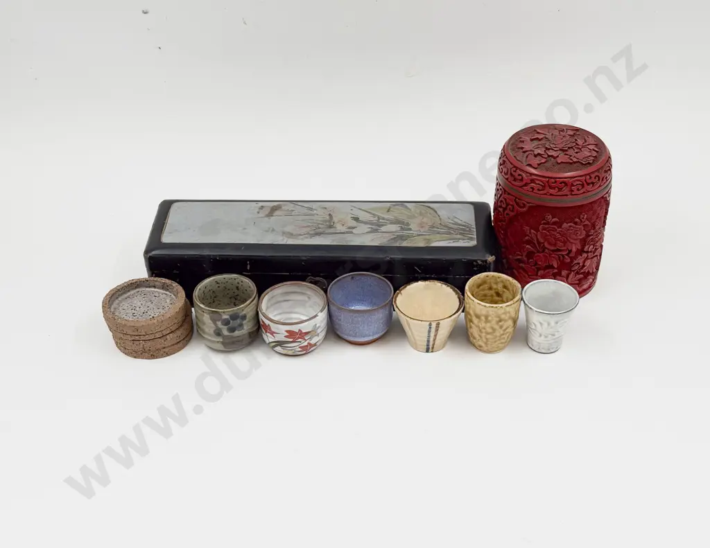 Cinnabar Lacquer Lidded Jar with Assorted Tea Bowls etc Image 1++