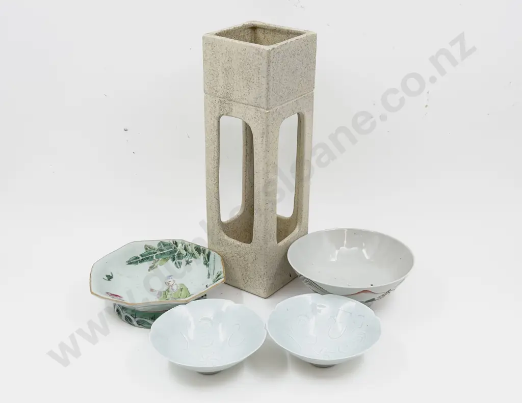 1970's Square Ikebana Stand together with Late C19th Footed bowl and Republic Period Bowl Image 1++