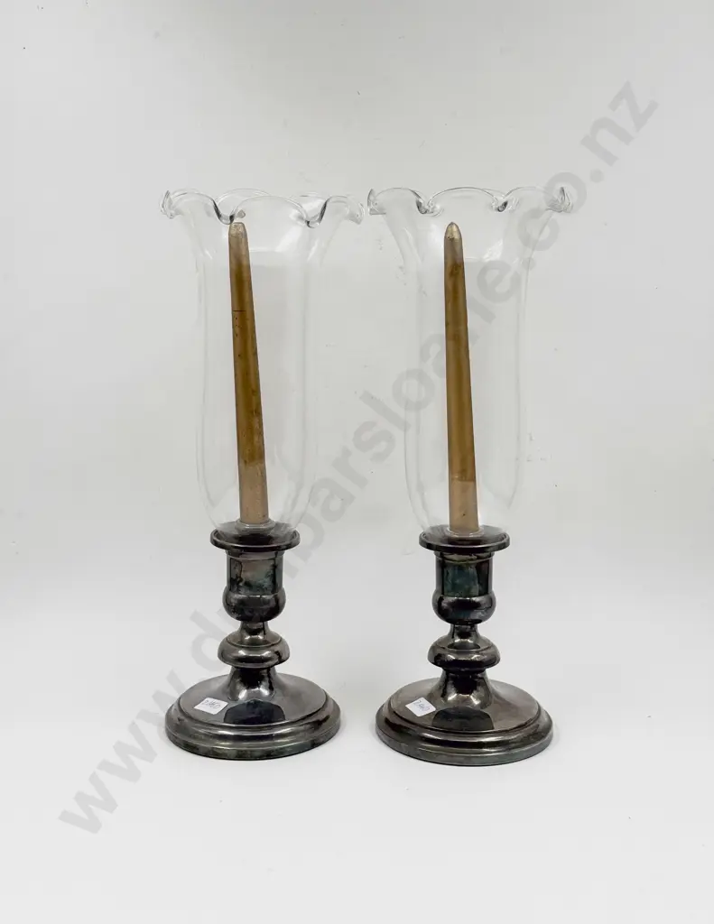 Pair of S/P & Glass Hurricane Lamps Image 1++