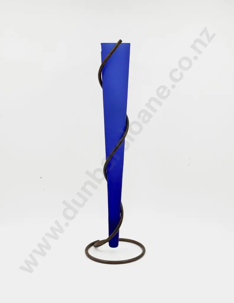 Blue Glass Hanging Vase with Wrought Metal Support Image 1++