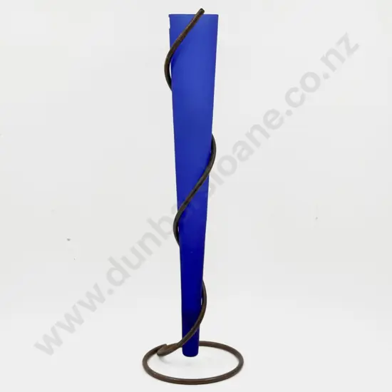 Blue Glass Hanging Vase with Wrought Metal Support