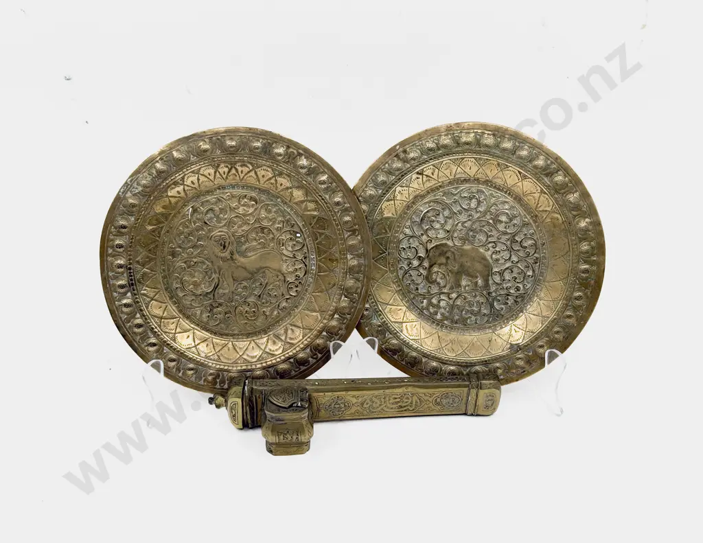 Indian Brass Pen & Ink Holder together with Two Small Brass Plates Image 1++