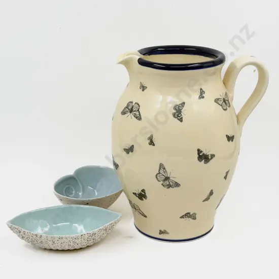 Bartlett Butterfly Jug together with Two Royce McGlashen Dishes