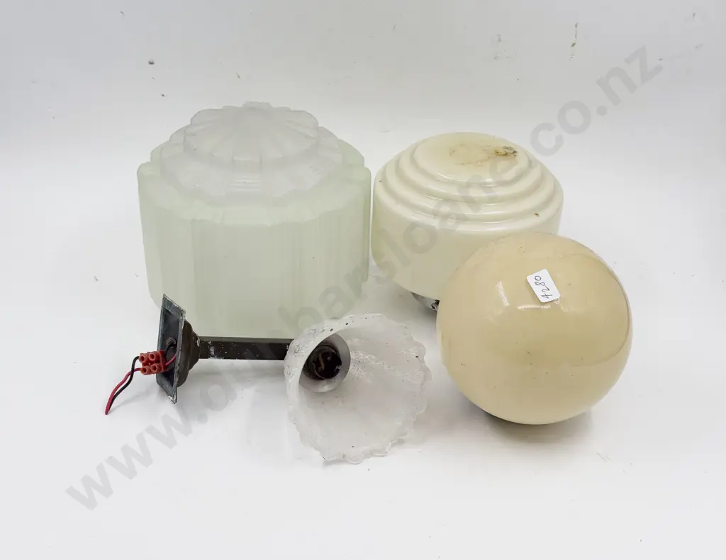 Three Assorted Vintage Glass Lightshades together with Wall Light Image 1++