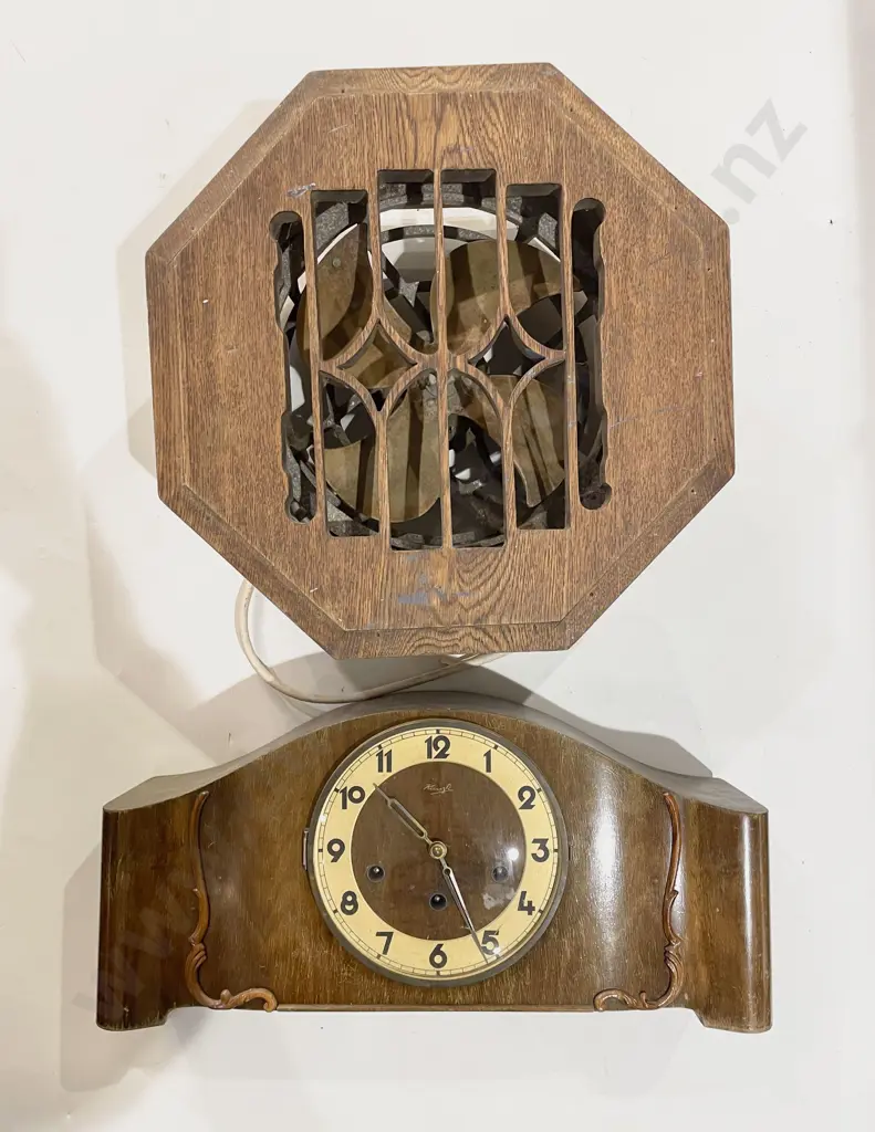 Vintage Open Cased Fan with Mantle Clock and Box of Assorted Artworks (Faults) Image 1++