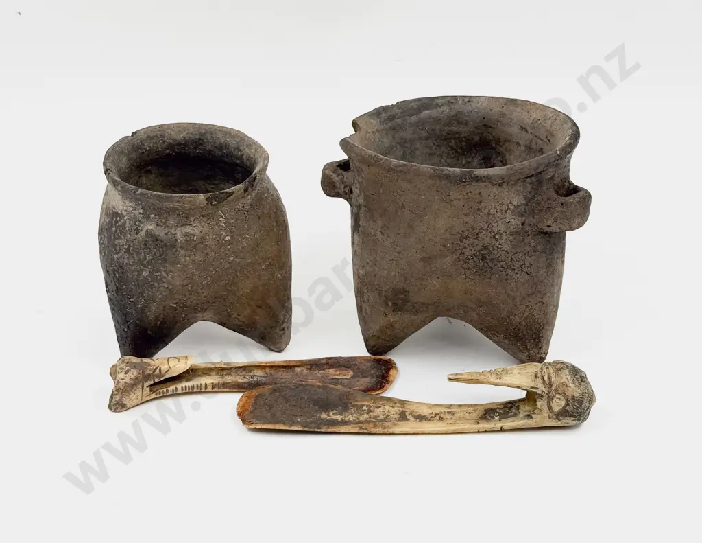 Two Antique PNG Clay Vessels and Two Cassowary Bone Spatulas Image 1++