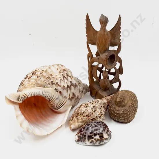 Very Large Conch Shell & Two Others Along with Two Carved Figures