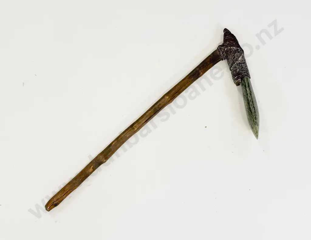 Pacific Island Green Stone Adze on Wooden Shaft Image 1++
