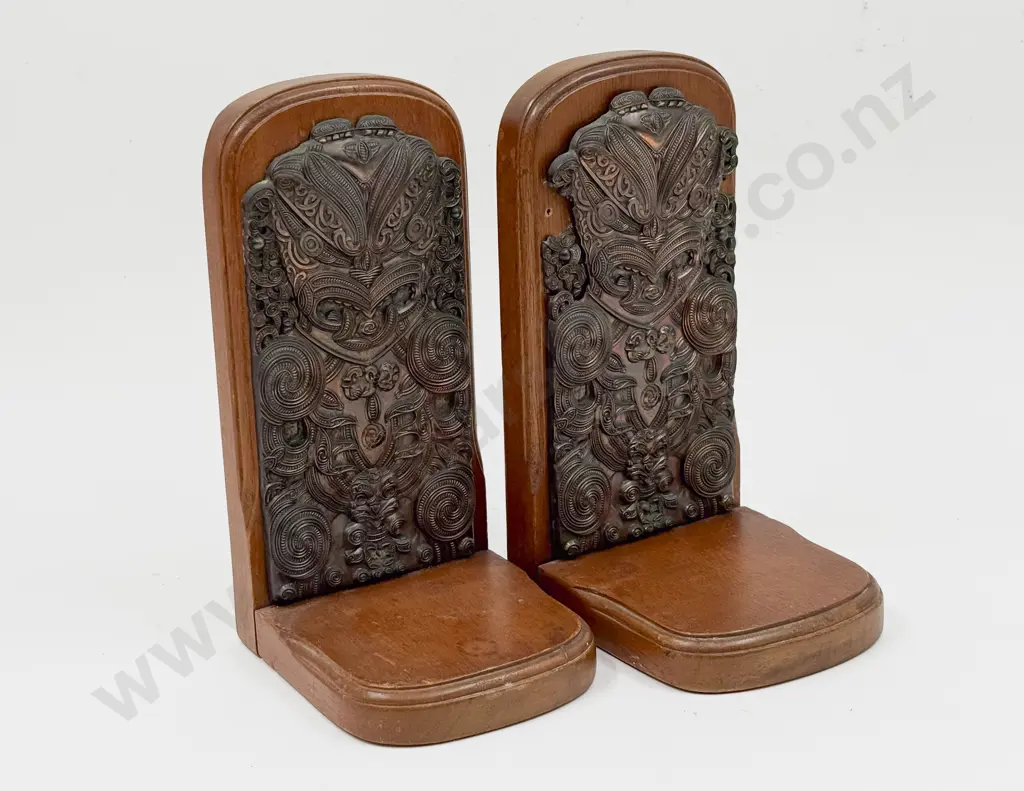 Pair of NZ Giftware by Kingsley Bookends with Applied Fine Maori Motifs Image 1++