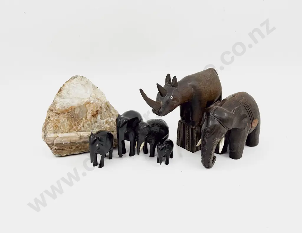 Various Hardwood Carved Elephants & Rhino & Quartz Gem Image 1++