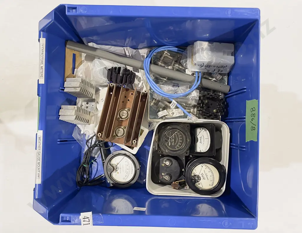 Quantity of Assorted incl. Bolt Capacitors/Meters & Four Stacking Storage Bins Image 1++