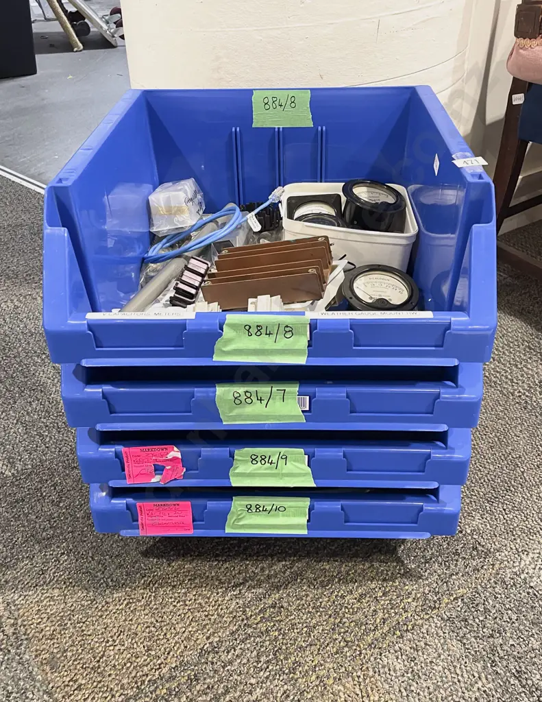 Quantity of Assorted incl. Bolt Capacitors/Meters & Four Stacking Storage Bins Image 1++