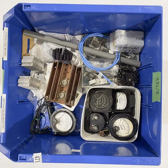 Quantity of Assorted incl. Bolt Capacitors/Meters & Four Stacking Storage Bins