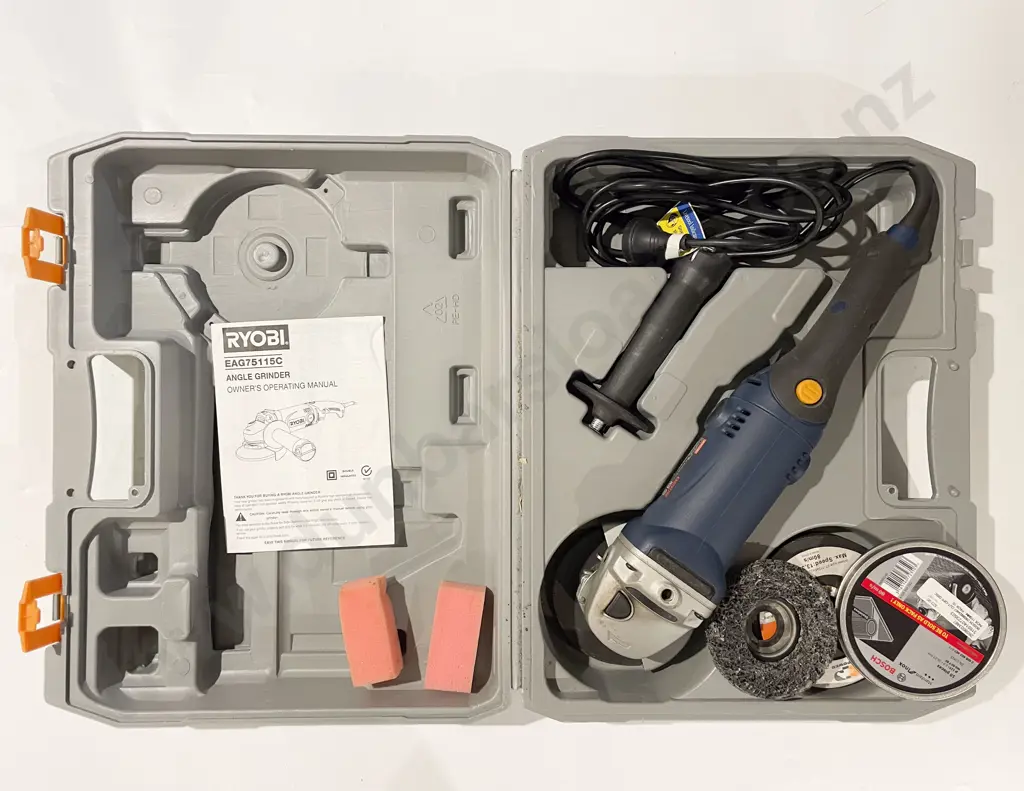 Cased Ryobi Angle Grinder with Assorted As New Disks Image 1++