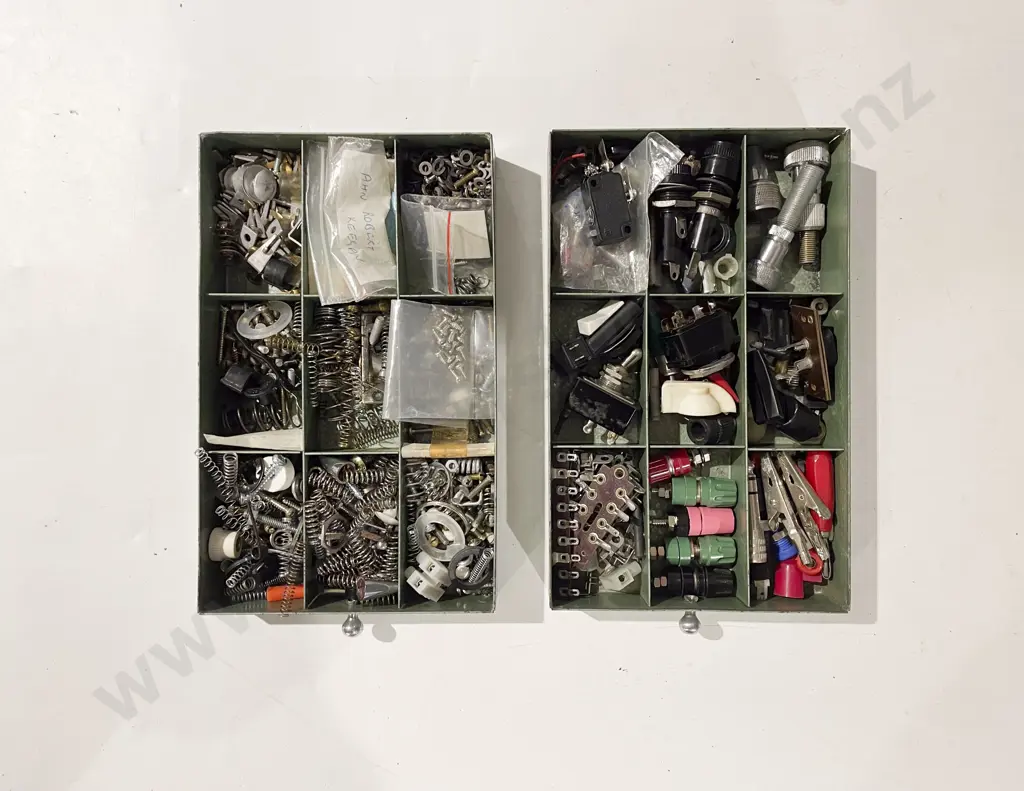Small Four Drawer Metal Collectors Cabinet with Assorted Electrical & Other Components Image 1++