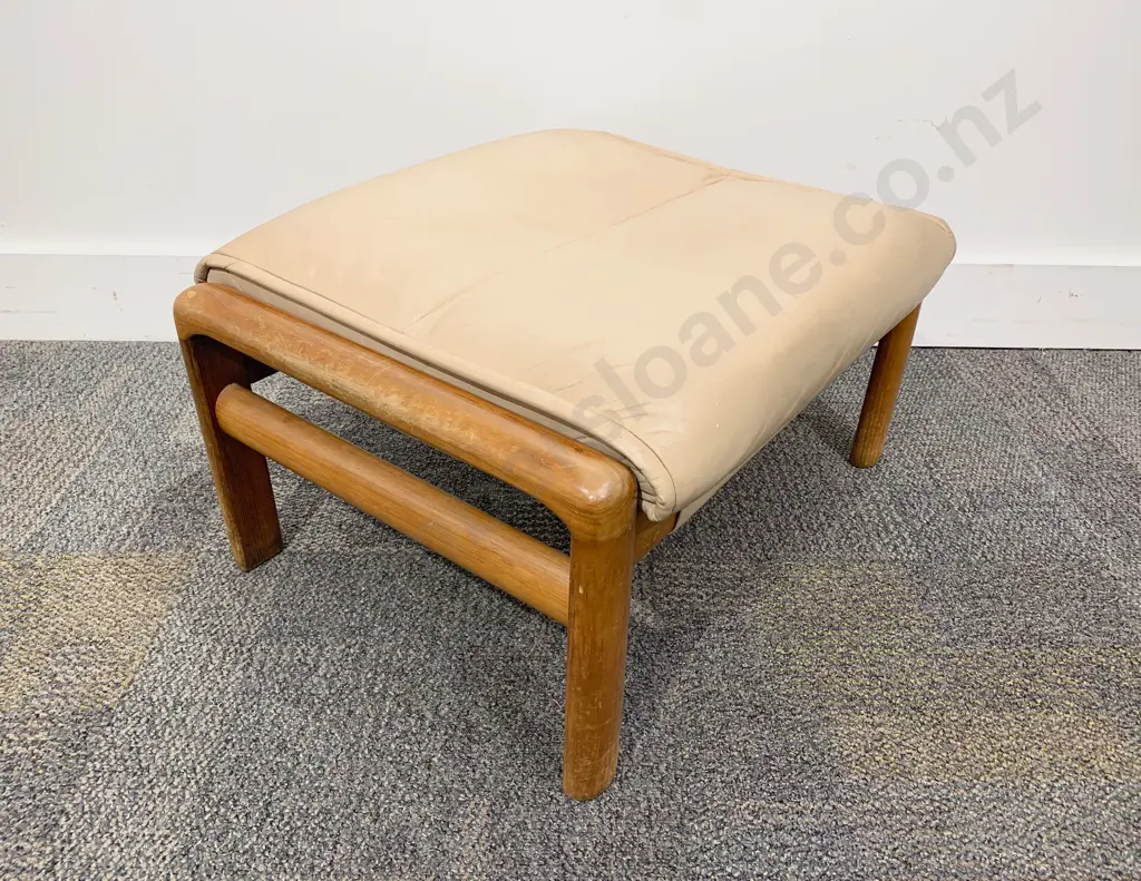 Mid Century Wooden Footstool with Leather Upholstery Image 1++