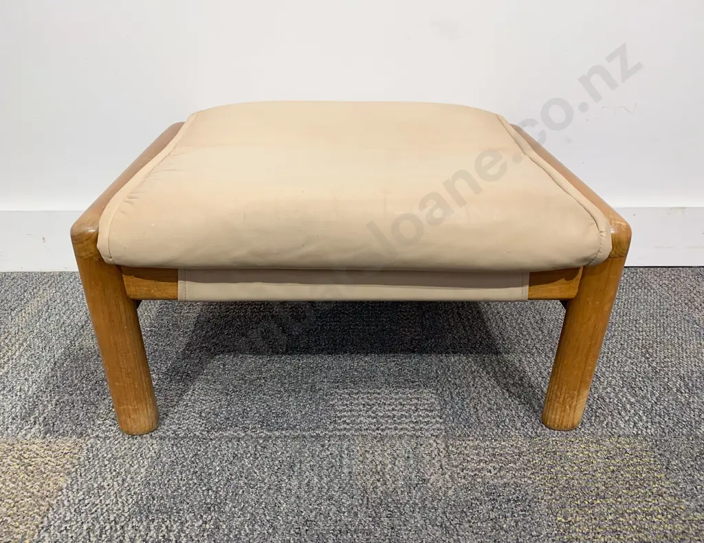 Mid Century Wooden Footstool with Leather Upholstery Image 1++