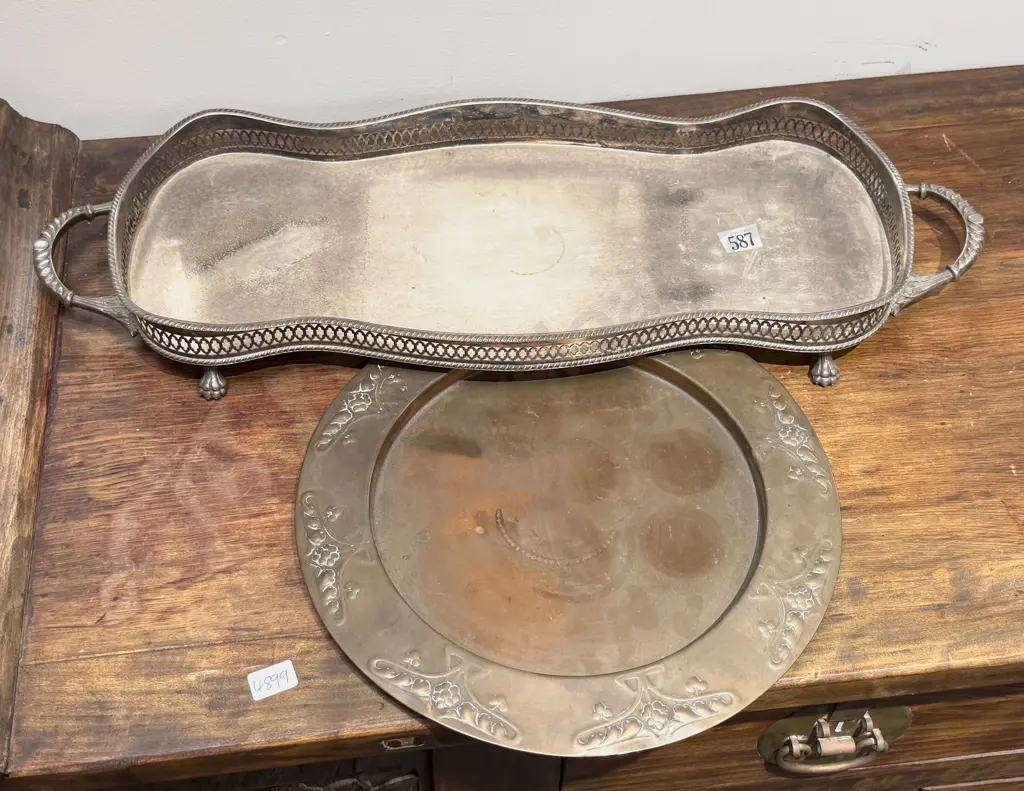 Footed S/P Gallery Drinks Tray with Art Nouveau Copper Tray Image 1++