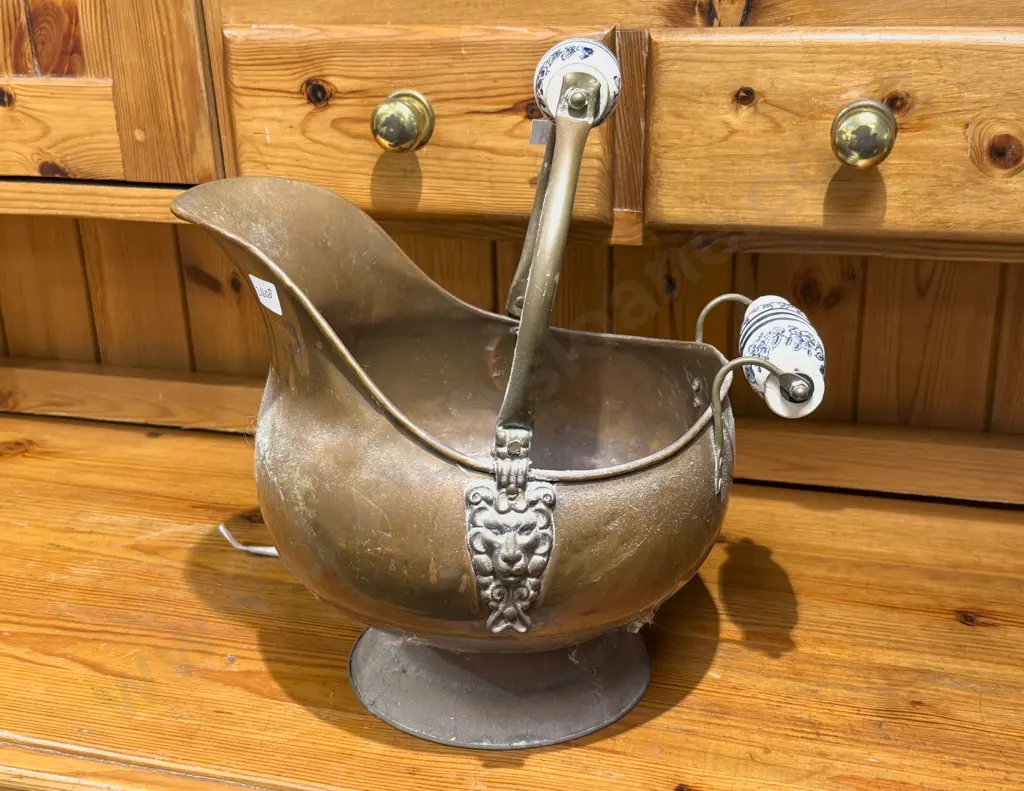 Copper Coal Scuttle with Blue & White Ceramic Handles Image 1++