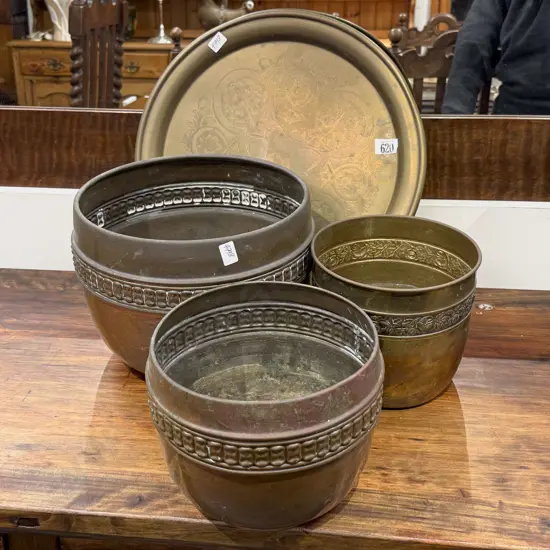 Graduated Pair of Copper Planters together with Small Brass Planter & Tray