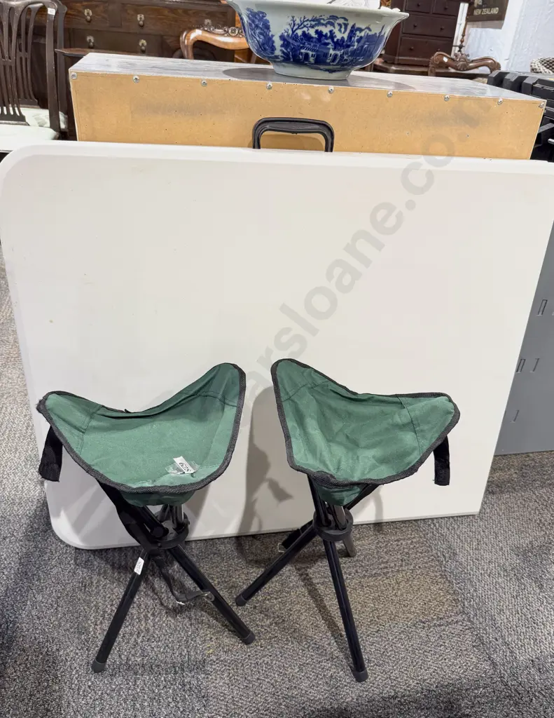 Folding Trestle Table & Two Folding Stools Image 1++