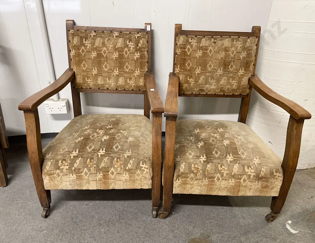 Pair of Oak Low Fireside Armchairs Image 1++