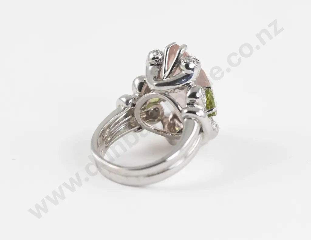 18ct White Gold Rose Quartz Peridot and Diamond Dress Ring Image 1++