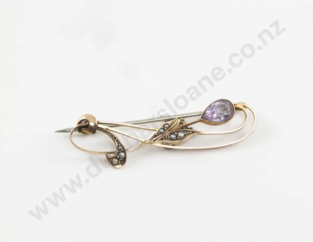 Victorian 9ct Single Amethyst and Seed Pearl Scroll Brooch Image 1++
