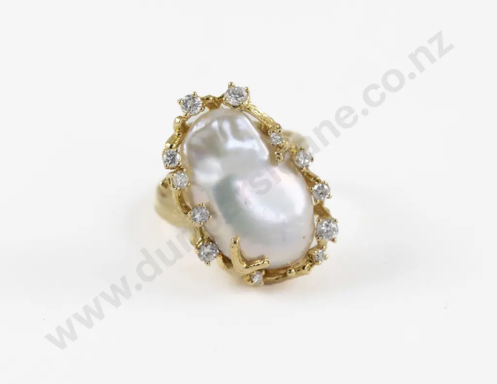 14ct Single Baroque Pearl and Diamond Dress Ring Image 1++