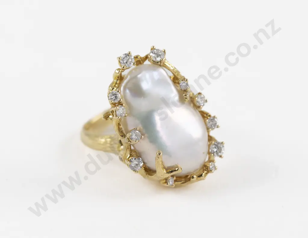14ct Single Baroque Pearl and Diamond Dress Ring Image 1++