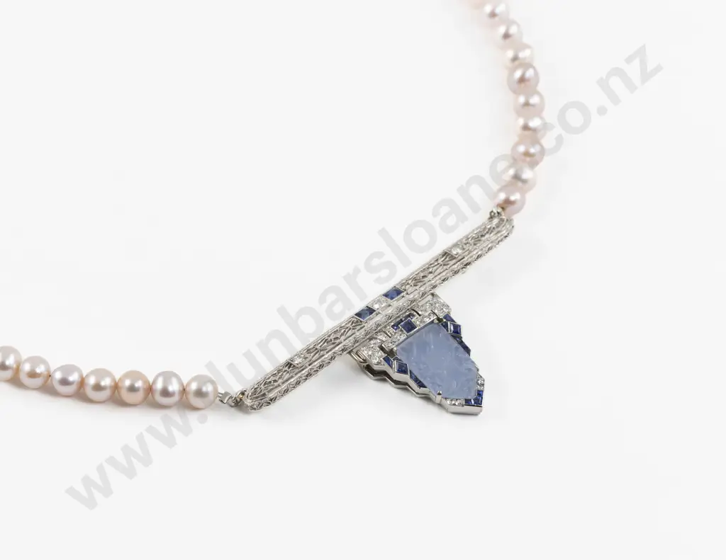 Art Deco Style Designed Sapphire and Diamond on Pearl Necklace Pendant Image 1++