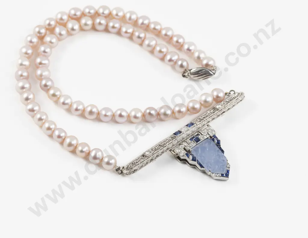 Art Deco Style Designed Sapphire and Diamond on Pearl Necklace Pendant Image 1++