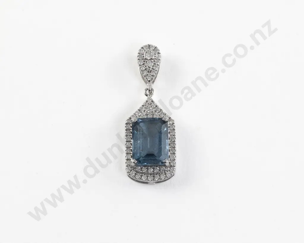 14ct White Gold 59Stone Aquamarine and Diamond Pendant Image 1++