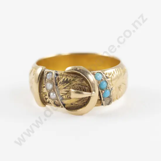18ct Six Stone Turquoise and Seed Pearl Buckle Band Ring