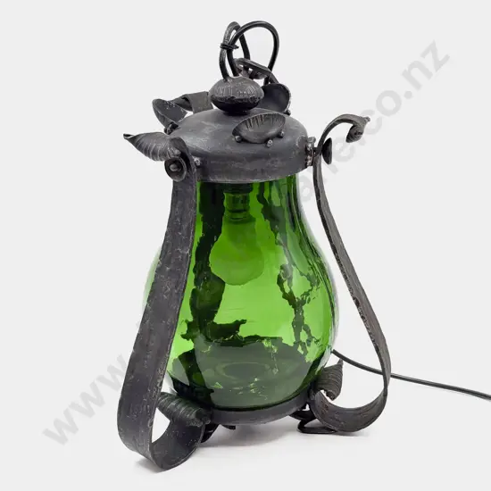 Arts & Crafts Style Wrought Metal & Green Glass Ceiling Light