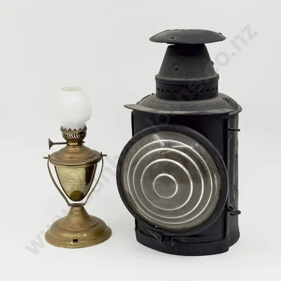 Vintage Adlake Japanned Lamp & Small Brass kerosene Lamp