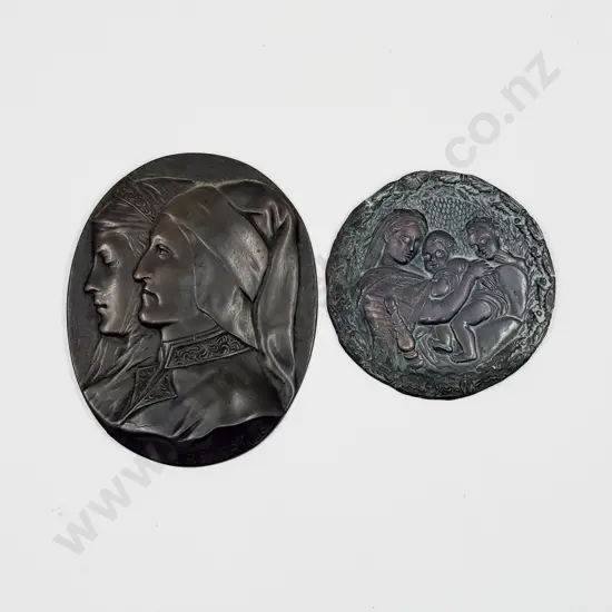 Two Bronzed Plaques of Dante and Beatrice and Other Madonna and Child